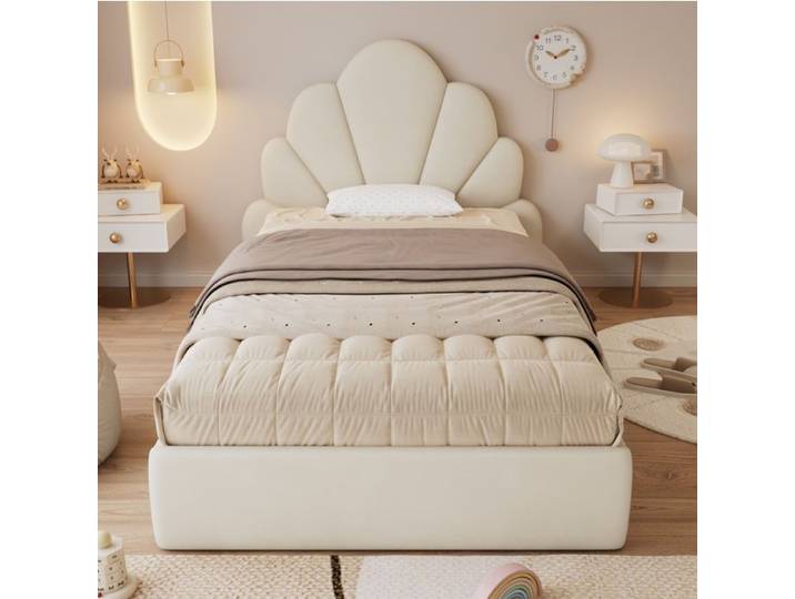 Lit combine 90x200 cm en velours beige avec tête de lit fleurie et tablettes latérales