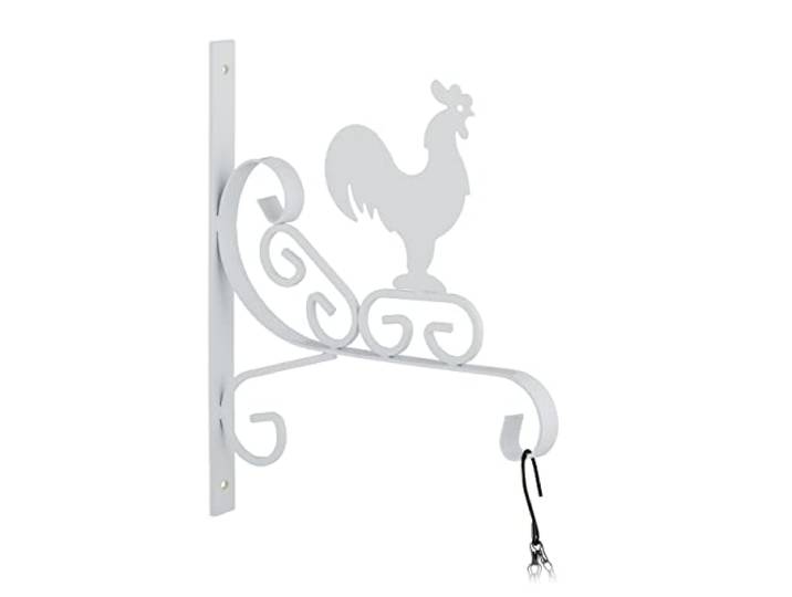 Relaxdays Crochet de Suspension pour Plantes\, Coq\, Montage Mural\, Fer\, HLP 30x25\,5x2 cm\, intérieur et extérieur\, Blanc