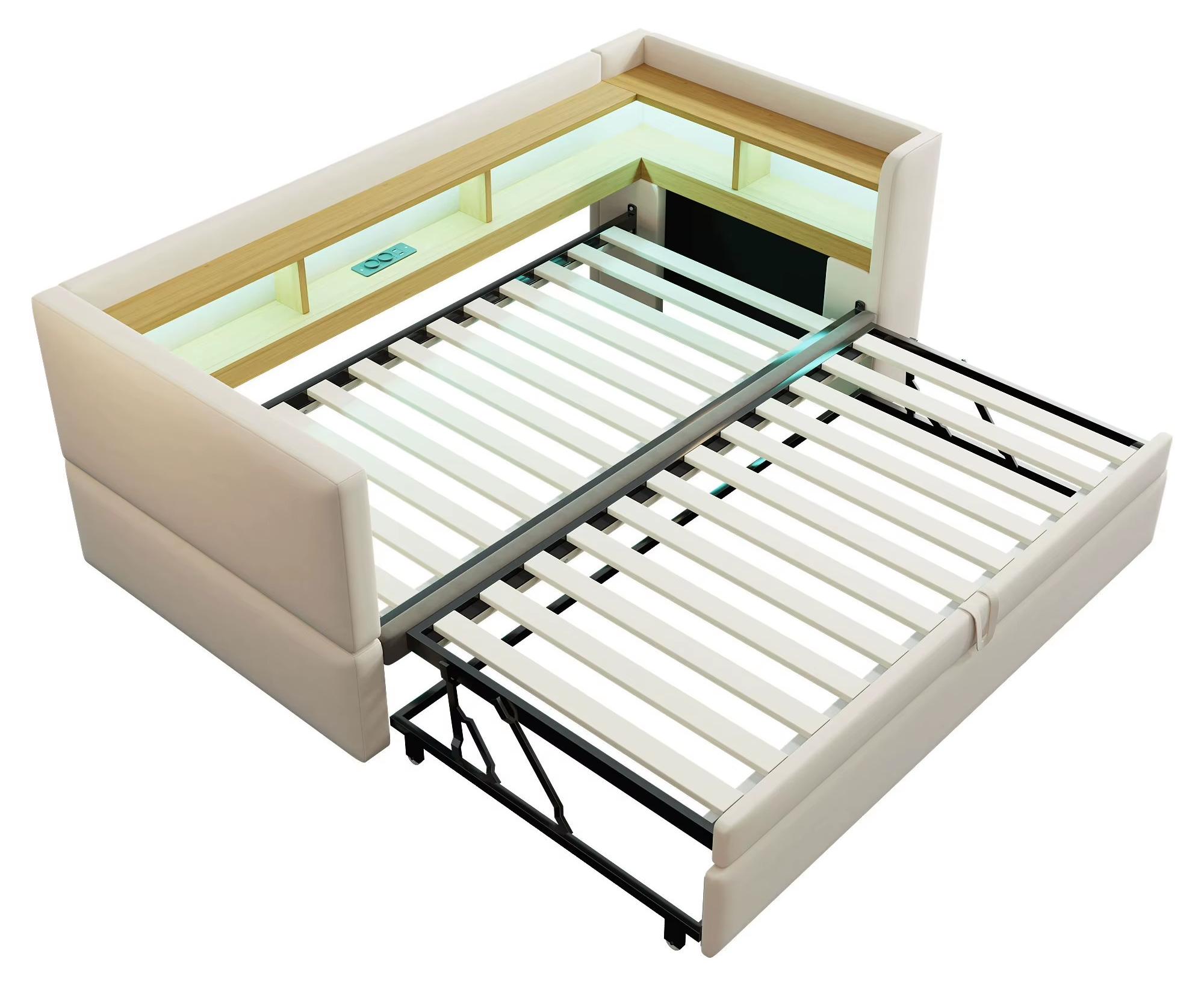 Schlafsofa - Ausziehbar - Einzelbett 90/180 x 190 cm - LED-Beleuchtung und Steckdosen - Samtbezug - Stauraum - Beige