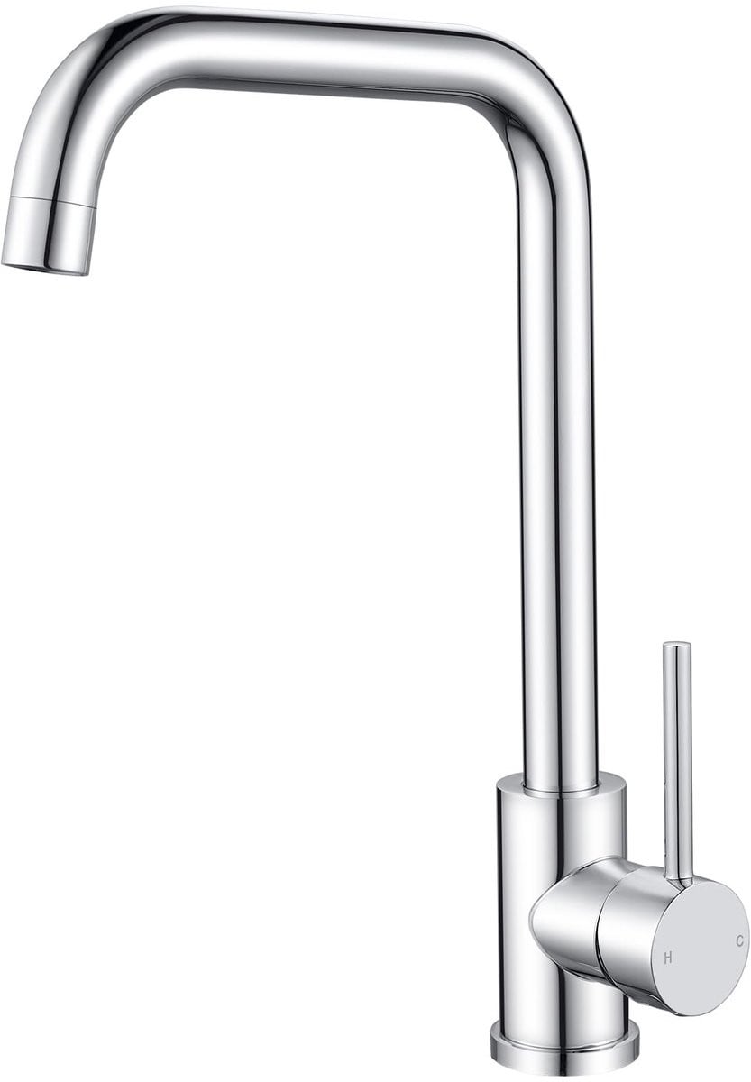 Moderne chroom keukenkraan met draaibare uitloop en messing kern in zilver