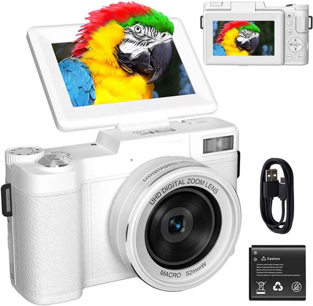INF Appareil Photo Numérique 5K Ultra HD 64MP WiFi avec Écran Rabattable et Objectif Macro Blanc