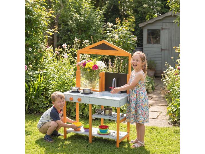 AIYAPLAY Cuisine Extérieure Enfant Bois Évier Amovible Bleu