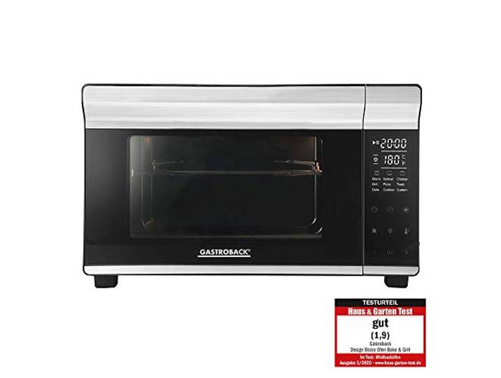 GASTROBACK Design Mini-Backofen Bake & Grill - Minibackofen mit Umluft, 26 L, 5 Funktionen bei 30°C - 230°C, Cool Touch Gehäuse - 30 cm Ø Pizzastein, Backblech, Grillrost und Grillspieß