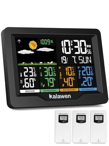 Kalawen Weerstation met 3 buitensensoren, multifunctioneel draadloos weerstation met kleurendisplay, thermometer, hygrometer en DCF-radioklok