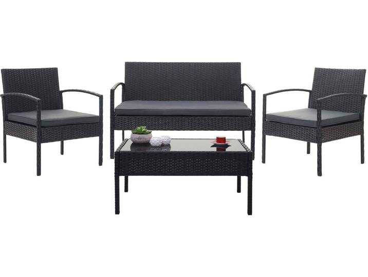 Poly-Rattan Garnitur HWC-F56, Balkon-/Garten-/Lounge-Set Sitzgruppe schwarz, Kissen dunkelgrau