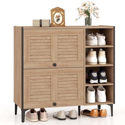Shoe Cabinet w/ 2 Woven Doors Wooden Shoe Storage Cabinet