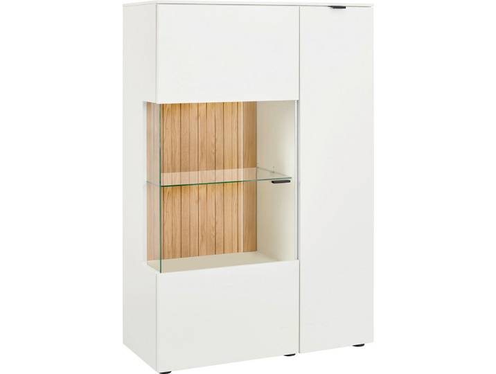 Novel Highboard, Weiß, Eiche, Holz, Glas, Wildeiche, massiv, 7 Fächer, 95x139.6x42 cm, Beimöbel erhältlich, Holzmöbel, Kleinmöbel Holz, Holzkommoden, Highboards Holz