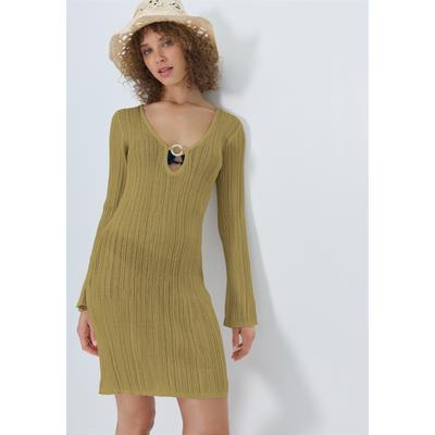 Strandkleid LSCN BY LASCANA, Damen, Gr. 36, N-Gr, grün, Strick, Obermaterial: 82% Viskose, 18% Polyester, leicht transparent, unifarben, figurbetont kniefrei, Rundhals, Kleider Strandkleid, Strickkleid mit langen Ärmeln, Cover-up, Beachkleid