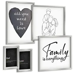 BILDER SET 5er Set - 50x50 cm & 20x30 cm & 40x60 cm Silberner Rahmen - Definitionen der Liebe in Familienzeichnungen