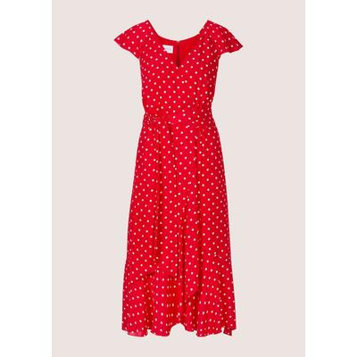 Midikleid MADELEINE "Wickelkleid Midikleid mit Tupfenmuster", Damen, Gr. 36, N-Gr, rot (rot, weiß), Obermaterial: 100% Viskose CV., Modern, figurumspielend, V-Ausschnitt, Kleider Midikleid, Volant am Rock