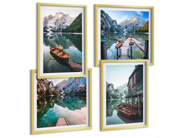 Tulup Bilder SET 4er Set - 50x50 cm & 40x60 cm Goldrahmen - See, Berge, Boote, Ferienhaus, Goldfarben, Kunststoff, Rechteckig, 50x50 cm, Fotografie, Bilder & Rahmen, Bilder