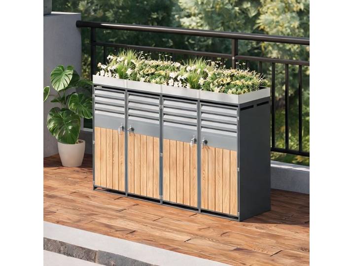 Coffre de rangement 4 portes avec jardinière intégrée acier galvanisé gris et bois extérieur