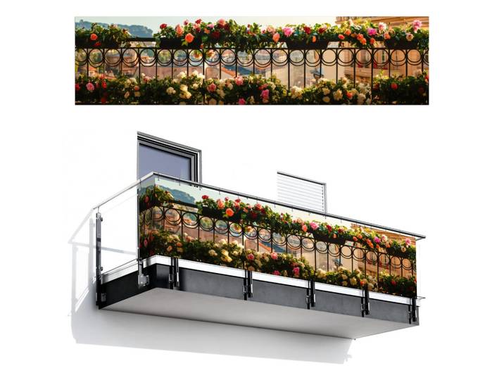 MuchoWow Balkon-Sichtschutz Blumen - Zaun - Stadtbild - Sommer, Pink, Kunststoff, Rechteckig, 500x120 cm, Sonnenschutz, Sichtschutz