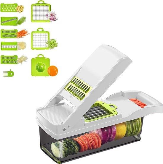 Witte rechthoekige mandoline groentesnijder met vingerscherm van plastic en roestvrij staal