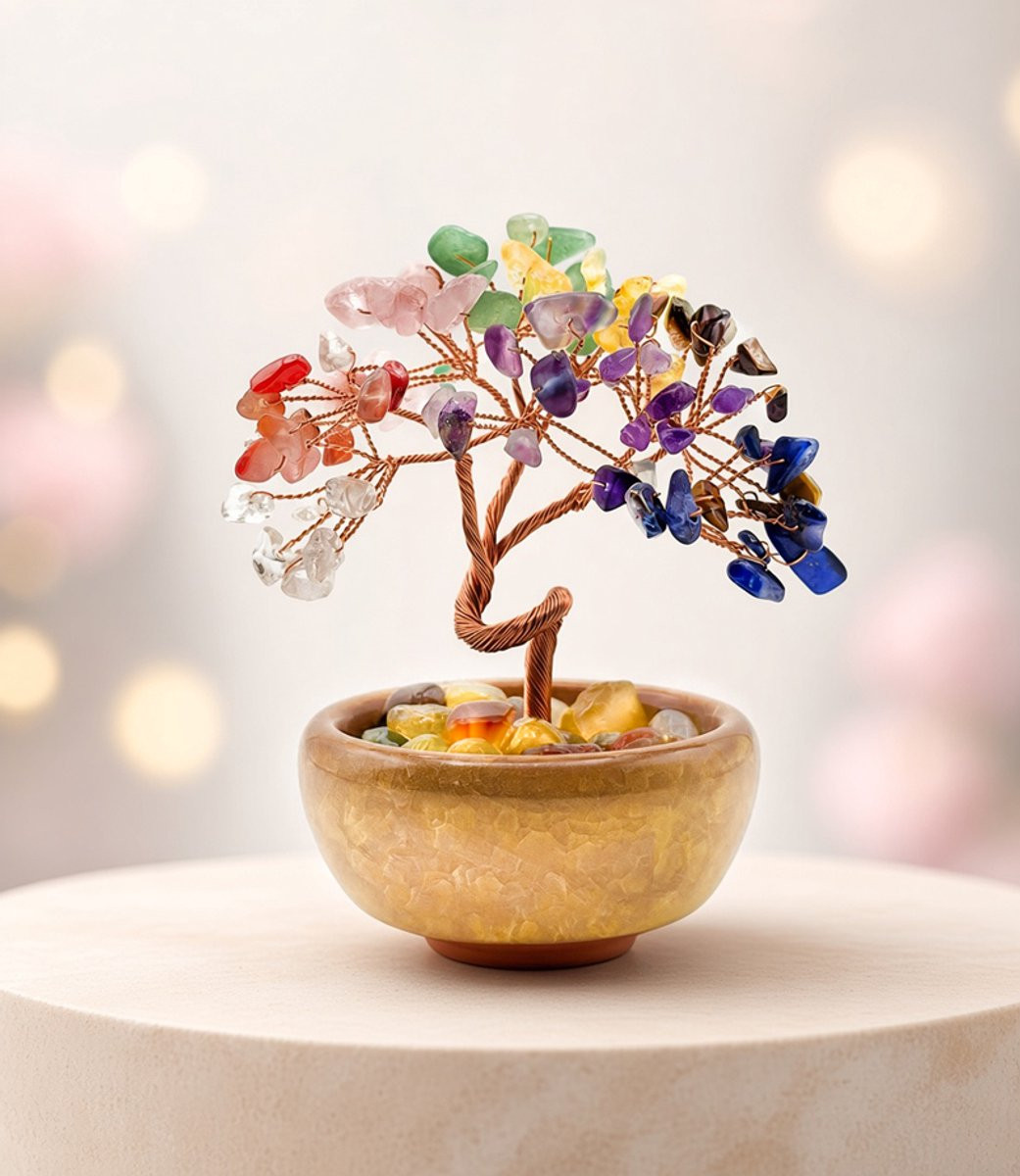Homonoia 7 Chakra Edelsteenboom – Handgemaakte Levensboom met Natuurlijke Kristallen voor Tafeldecoratie