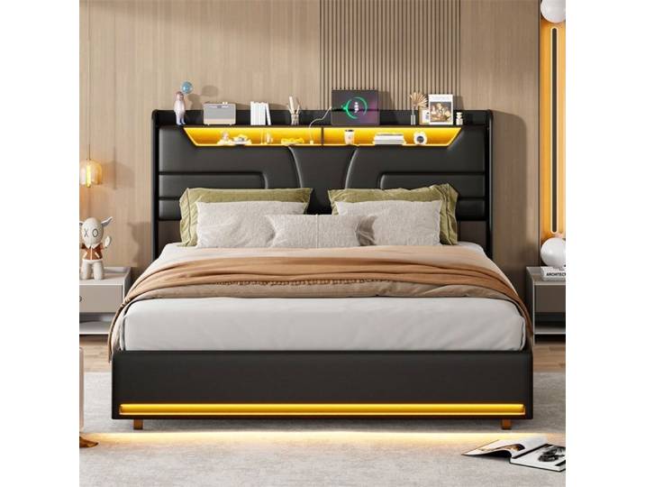 Lit coffre 140x200cm - Lit double 140x200cm - Lit rembourré avec tête de lit LED station de charge USB - Sans matelas