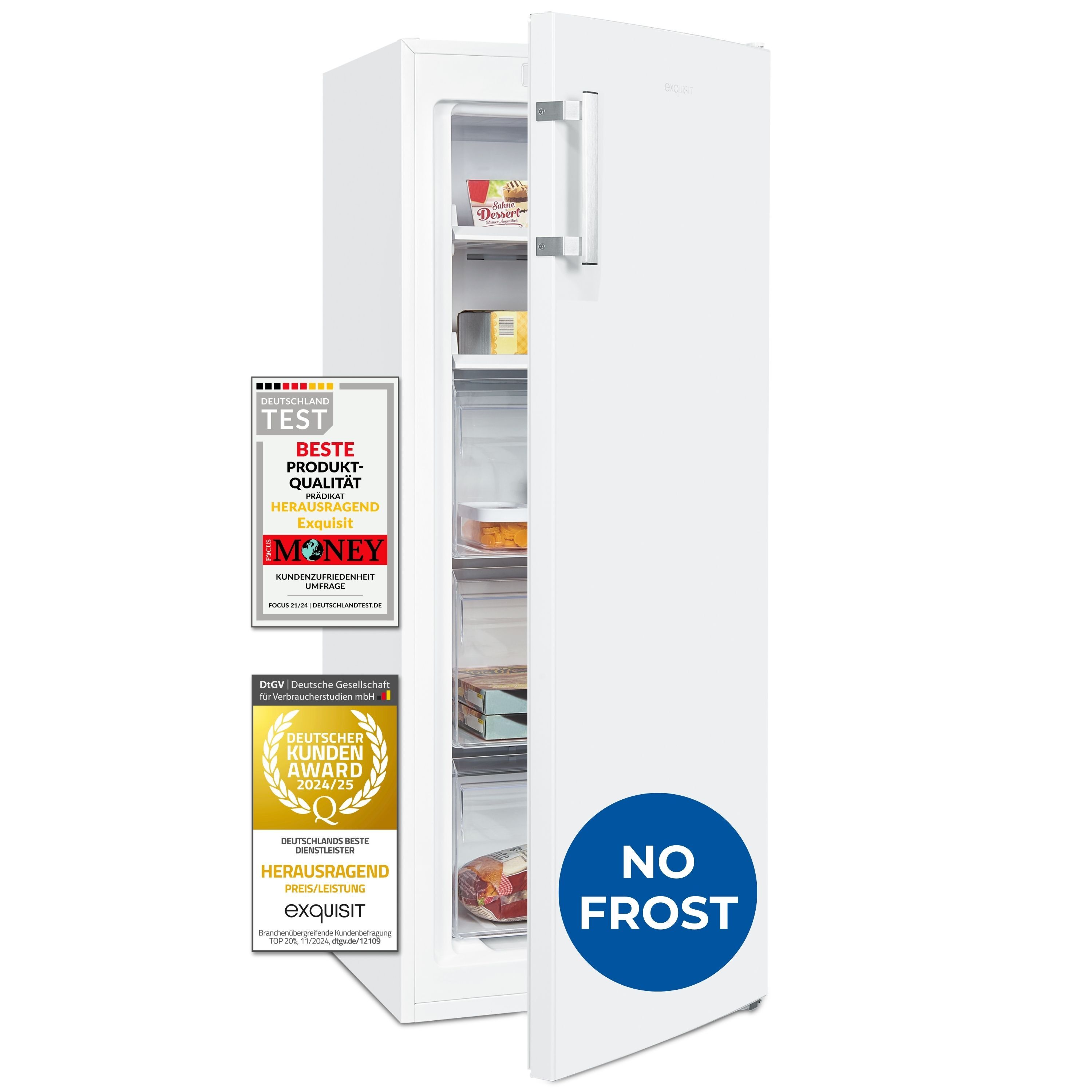Exquisit Gefrierschrank GS5231-NF-H-040D weiss | 161 l Nutzinhalt | NoFrost | Alarm-Funktion | Schnellgefrieren | 4-Sterne-Gefrieren