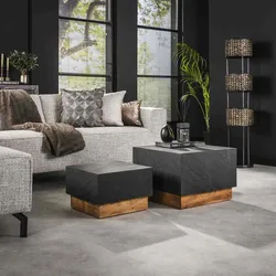 Couchtisch 2er-Set Schieferplatte, modern mit Akazienholz-Sockel, quadratisch, grau, Unikat