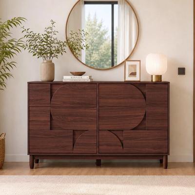 Loedds Mid-Century Modern 6-Drawer Wide Dresser with Solid Wood Legs and TV Stand Design