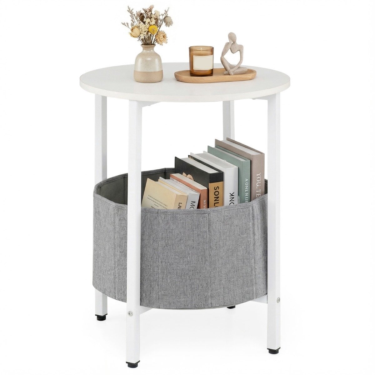 SureDeal Ronde Bijzettafel met Afneembare Vilten Mand - Wit, Goud en Zwart - B: 44 cm, D: 60,5 cm