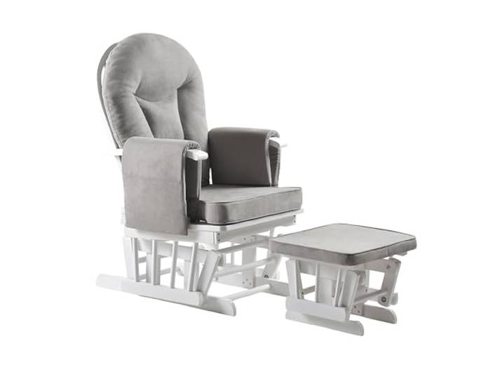 Schaukelstuhl mit Hocker - Verstellbare Rückenlehne, Stillsessel und Fernsehsessel, Stillstuhl Funktion, Ideal für Jedes Wohnzimmer, Naturholz Sessel Grau Weiß, Lesesessel mit Liegefunktion (Grau)
