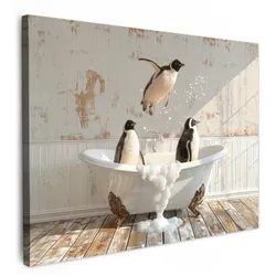 LEINWANDBILD Vintage - Pinguin - Badewanne - Schaumstoff Wanddeko Schlafzimmer 70x50 cm
