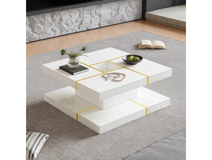 DUlVBPE Zweistöckiger Couchtisch aus Spanplatte, quadratisch mit goldenen Metallverkleidungen, mittlere Aussparung, gestuftes Design für Wohnzimmer