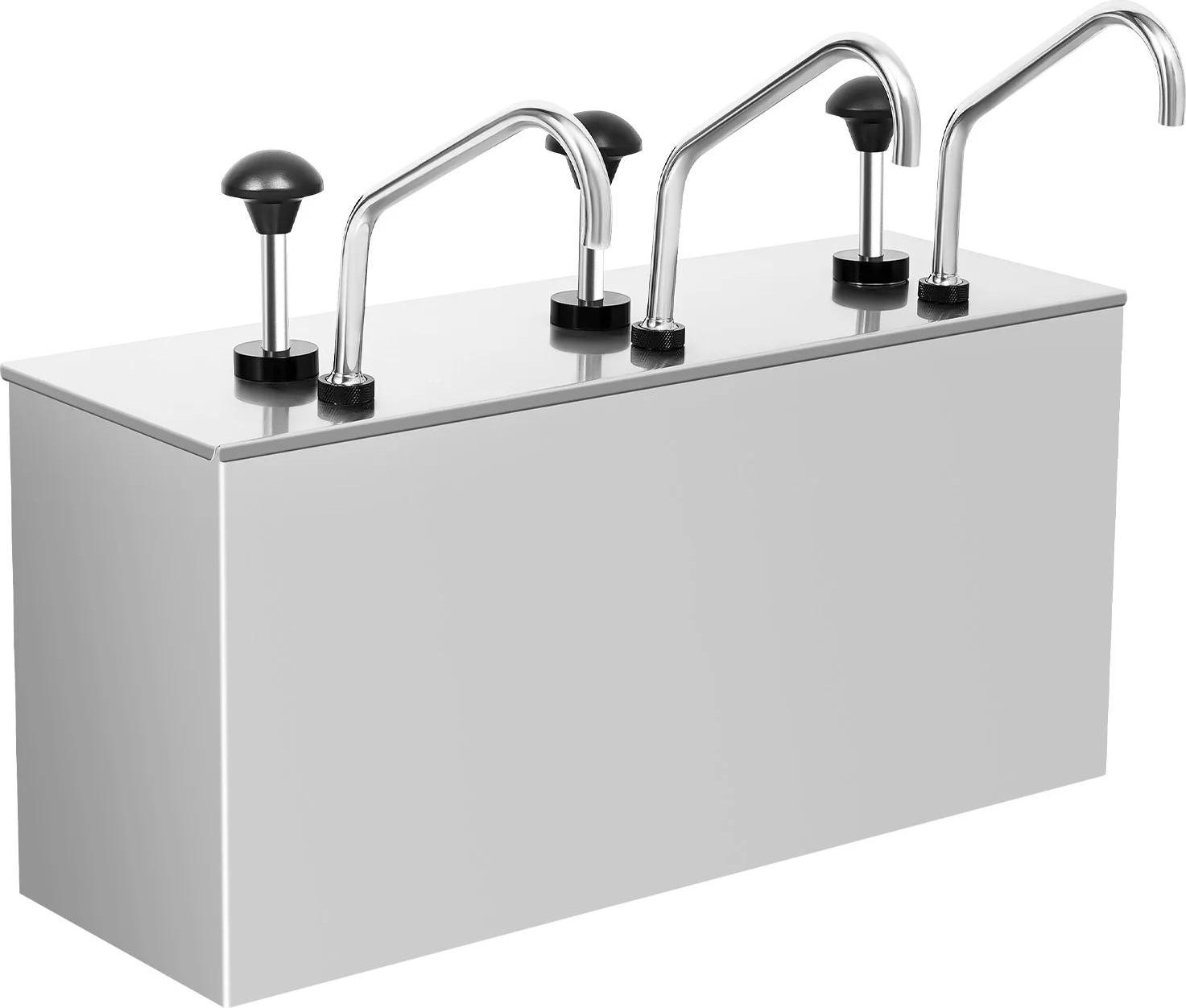 Saucenspender - Tischgerät mit Pumpe - Drei Pumpköpfe - Kapazität 3×4 l - Rechteckig - Gebürsteter Edelstahl - Für dünne Saucen & Würzmittel - Silber