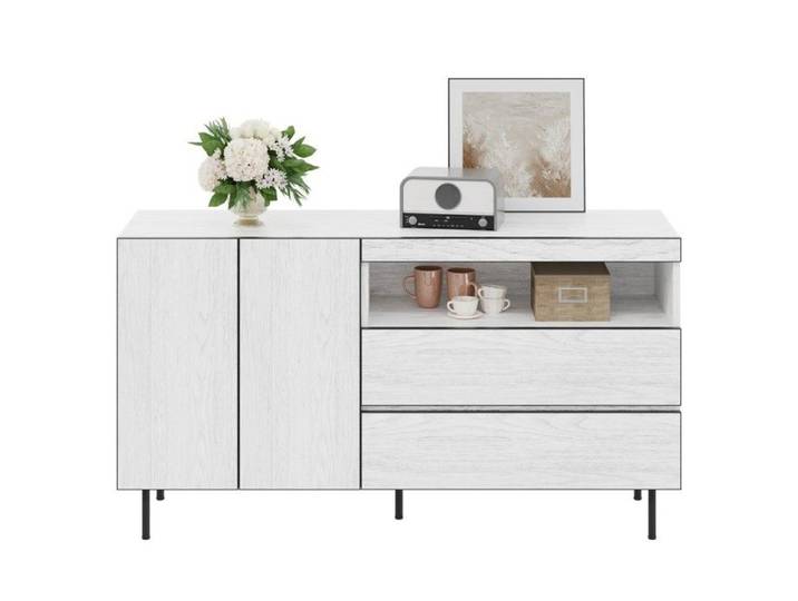 Buffet-Bahut 140x42x77cm Moderne Minimaliste Portes Doubles Tiroirs Doubles Etageres Ouvertes Salon Salle A Manger Blanc