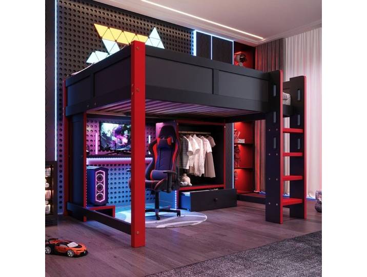 Lit superposé- Xylo- avec éclairage LED avec bureau avec échelle avec armoire avec grands tiroirs- 140x200cm