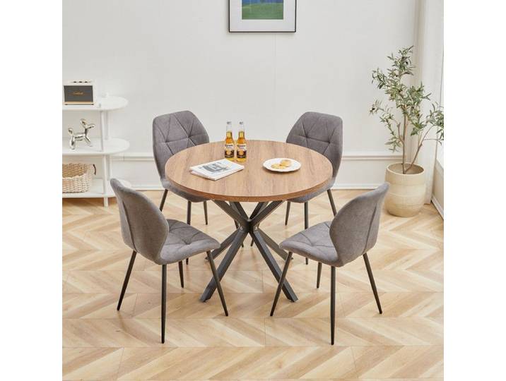Table et 4 chaises - Scandinave - Table ronde de 100 cm - Plateau en bois foncé - Chaises en lin à rayures verticales - Gris foncé