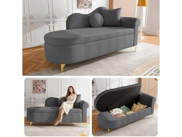 Merax Chaiselongue mit Stauraum, 134 cm Liege mit wellenförmiger Rückenlehne & Boucle-Stoff, hochdichter Schaumstoff, inkl. Lenden- & Nackenkissen, Retro-Look mit Massivholzrahmen, Grau