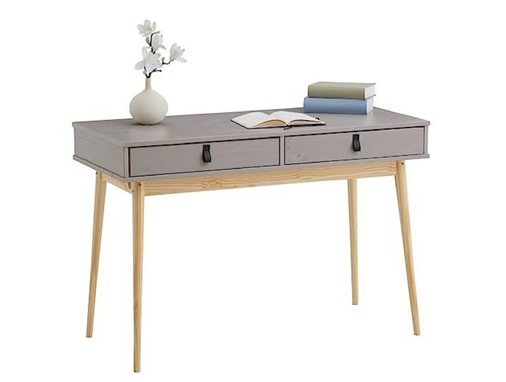 IDIMEX Schreibtisch Wanda mit 2 Schubladen aus Massivholz grau/Natur - Bürotisch mit konischen Beinen, Home Office Büromöbel mit Stauraum
