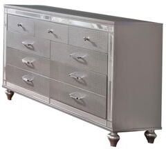 Benjara Contemporary Wooden Dresser with 9 Drawers and Turned Legs, Silver
