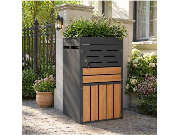 Meuble rangement extérieur 2-en-1 avec bac à plantes intégré ventilation à lamelles acier galvanisé gris TYNQER