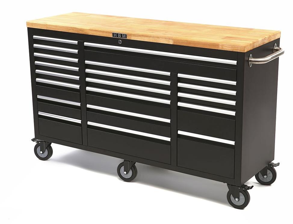 HBM Werkzeugwagen mit Holzarbeitsplatte - 146 cm - schwarz