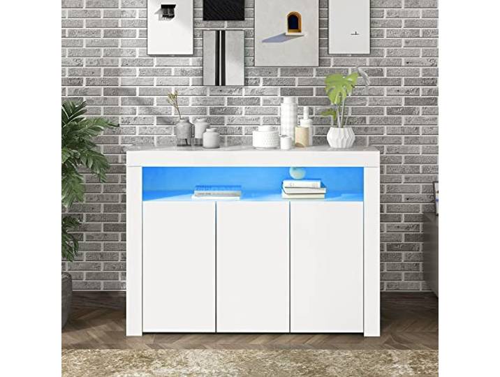 Merax Sideboard Beistellschrank mit LED-Leuchten, Hochglänzende weiße Anrichte mit 3 Türen & Freifläche, Moderne Buffetschrank mit viel Stauraum, für Wohnzimmer, Esszimmer, Schlafzimmer, 130x35x95cm