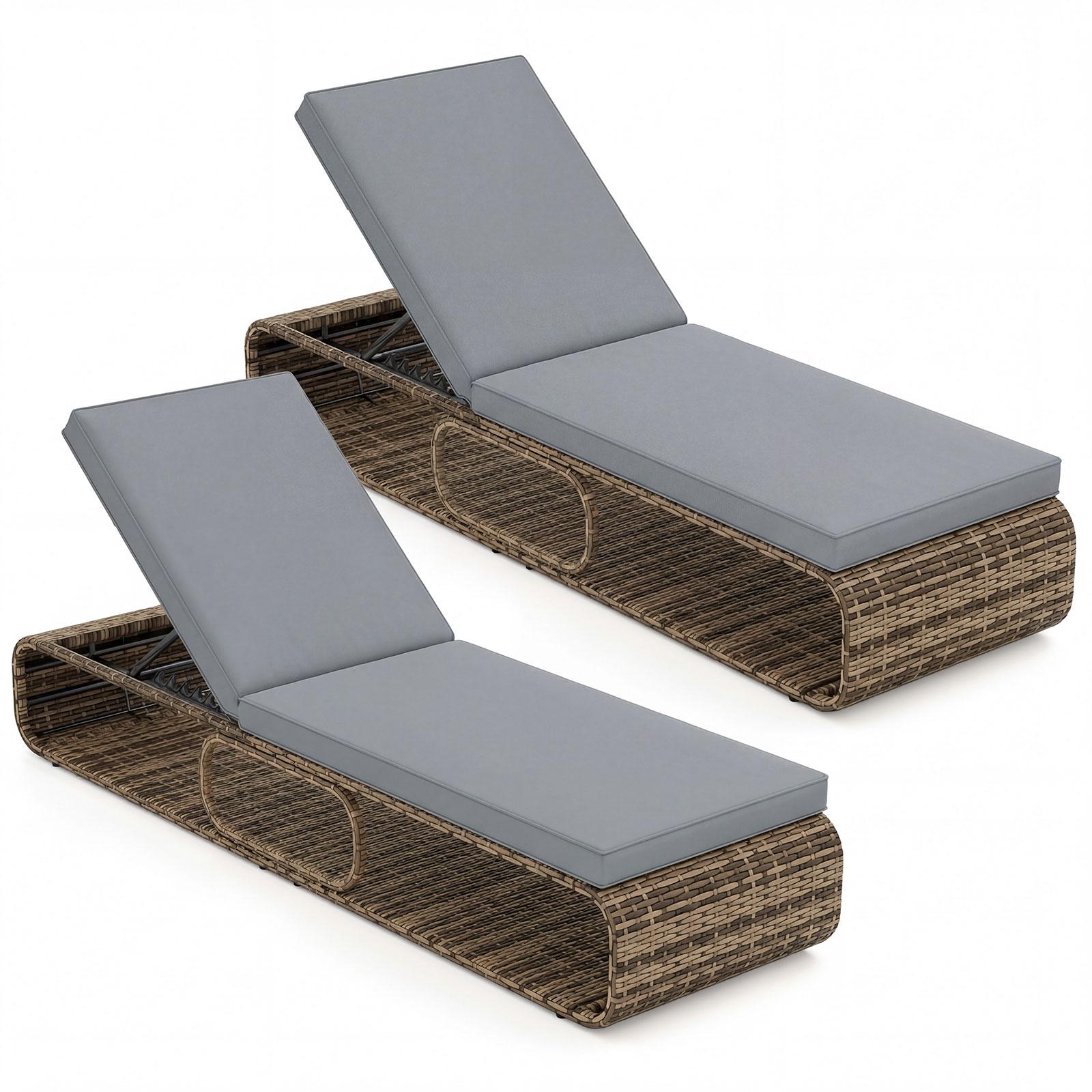 COSTWAY 2er Set Gartenliege Polyrattan, Sonnenliege mit Auflage & verstellbarer Rückenlehne, wetterfeste Liegestuhl, Terrassenliege bis 180kg, Grau