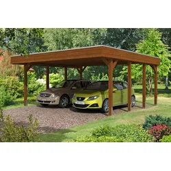 Carport Friesland 557x555cm, nussbaum, ALU-Dacheindeckung, inkl. Anker Holzcarport
