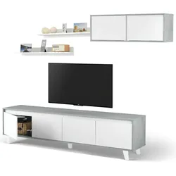 Dmora Wohnwand Vergennes, Wohnzimmerset, Mehrzweck-Wohnzimmermöbel, moderne Wohnwand, 200x41h50 cm, Zement und glänzendes Weiß