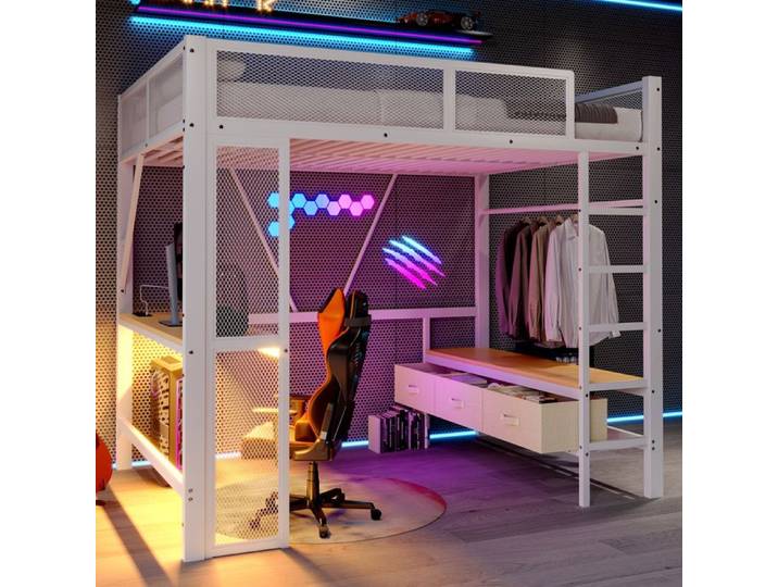 lit 140x200 lit adulte mezzanine avec bureau rangement métal MDF blanc ORVRYN