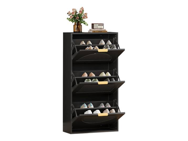 Flieks Schuhschrank Schmal 3 Klappen Schwarz 60x24x114cm, 60x114x24 cm, Garderobe, Schuhaufbewahrung, Schuhkipper