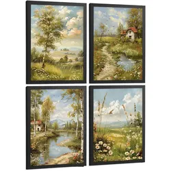 POSTER 4er Bilder-Set Wandbilder Impressionismus Landschaft modern Wohnzimmer Deko, Schlafzimmer, Küche, Badezimmer Schwarzer Rahmen A4