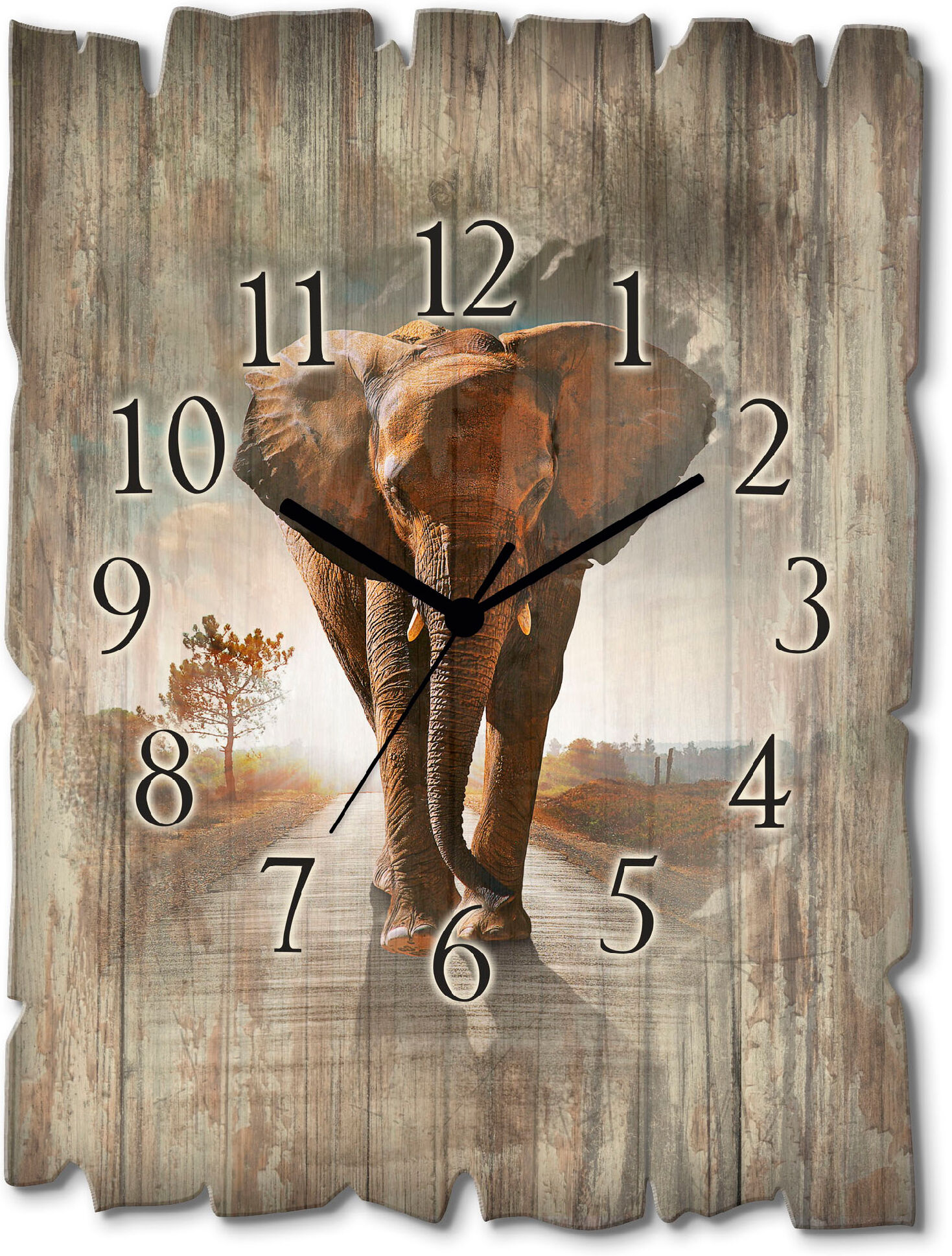 Wanduhr ARTLAND "Ein Elefant läuft auf der Strasse", braun, B:30cm H:40cm T:0,6cm, Wanduhren, Wanduhr, wahlweise mit Quarz- oder Funkuhrwerk, lautlos ohne Tickgeräusche braun B/H/T: 30cm x 40cm x 0,6cm, Quarzuhr