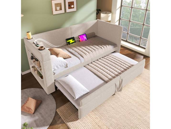 Lit de jour - KOMHTOM - Lit de jour 90x200 cm canapé convertible - 90x200 cm - Lin - Porte-gobelets USB-C