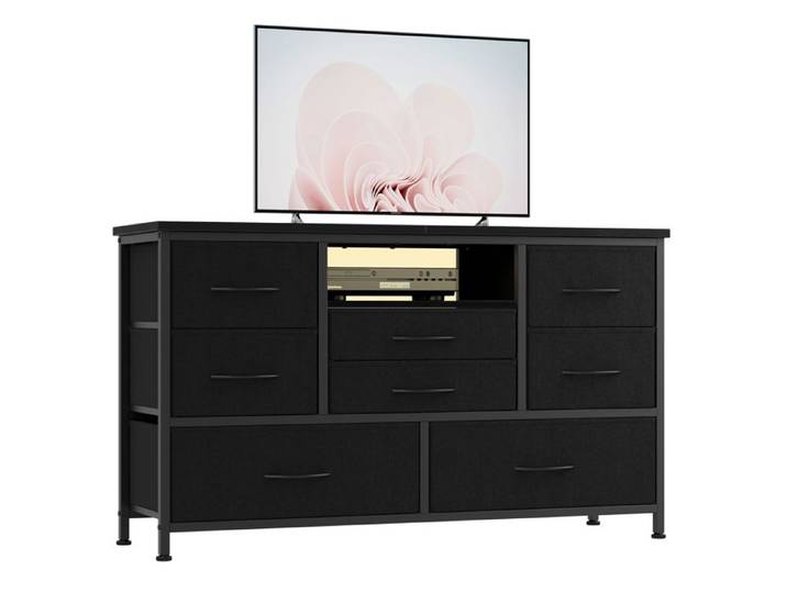 Meuble TV moderne Commode 8 tiroirs tissu 120 cm LED cadre acier TV 55 pouces salon chambre Noir