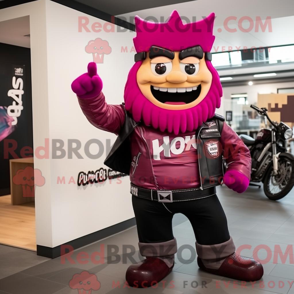 Maskottchenfigur REDBROKOLY eines Magenta-Königs mit Bikerjacke und Messenger-Tasche