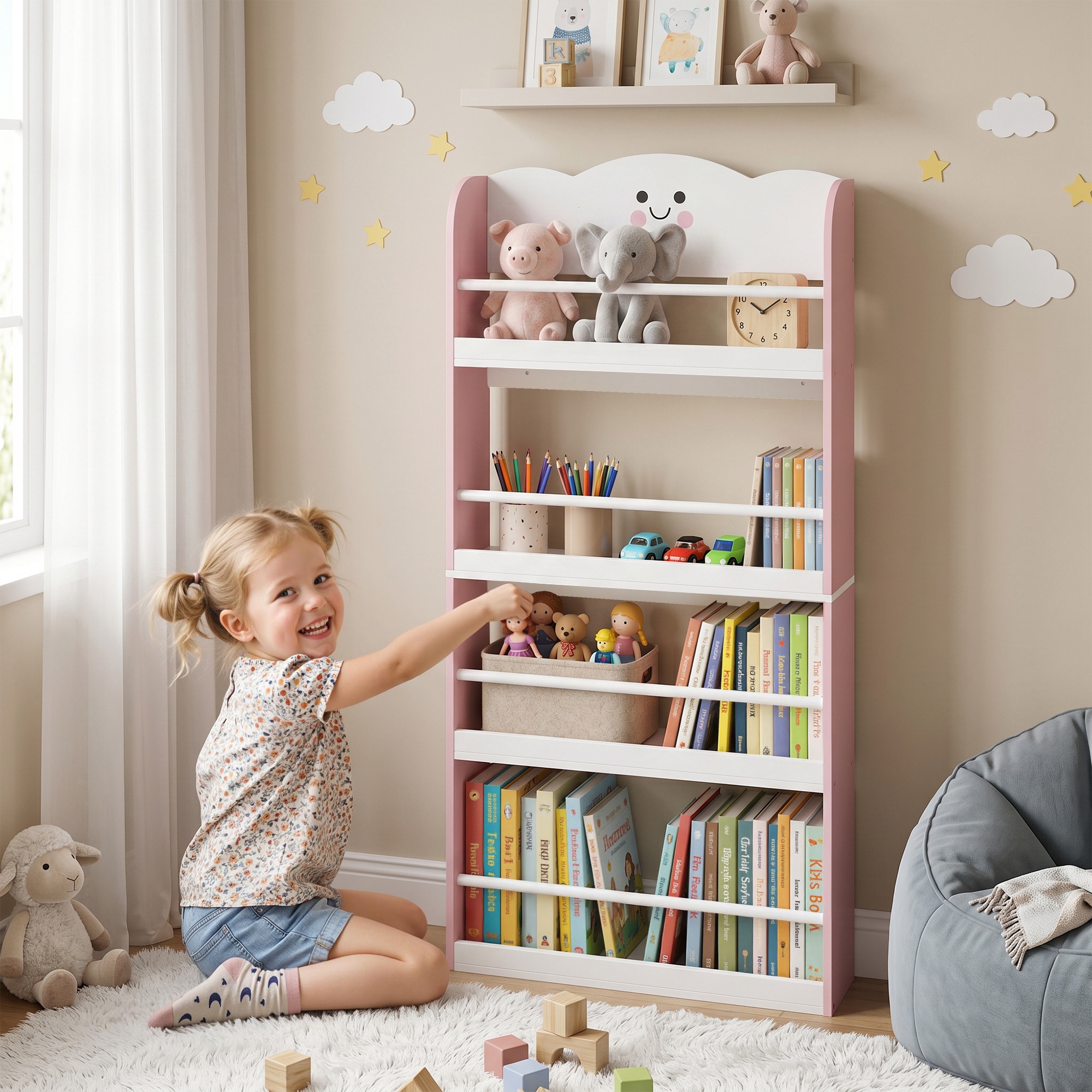 Aiyaplay Libreria Montessoriana per Bambini 3-6 Anni con Tema Zucchero Filato, 4 Ripiani in Legno, per Cameretta, Rosa   Aosom Italy