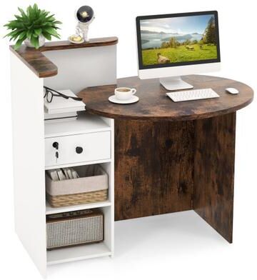 Costway Front Reception Office Desk with Open Shelf and Lockable Drawer-Brown & White