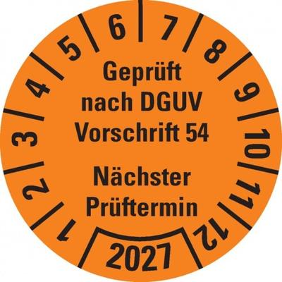 Dreifke® Prüfplakette Gepr.nach DGUV Vorschrift 54 2027,orange,Dokufolie,Ø30mm,18 St/Bogen
